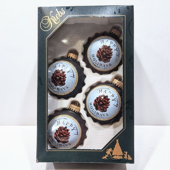 Krebs Christmas 4 Glass Ball Ornaments 2⅝" Midnight Holiday Pinecone Gold Caps - Picture 1 of 7